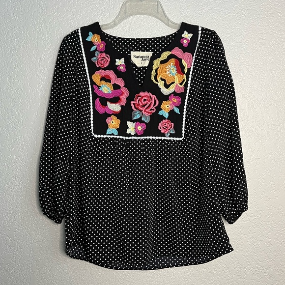 Savanna Jane Black White Pink Red Polka dot Floral Bohemian Blouse Casual Tops S - Picture 2 of 7